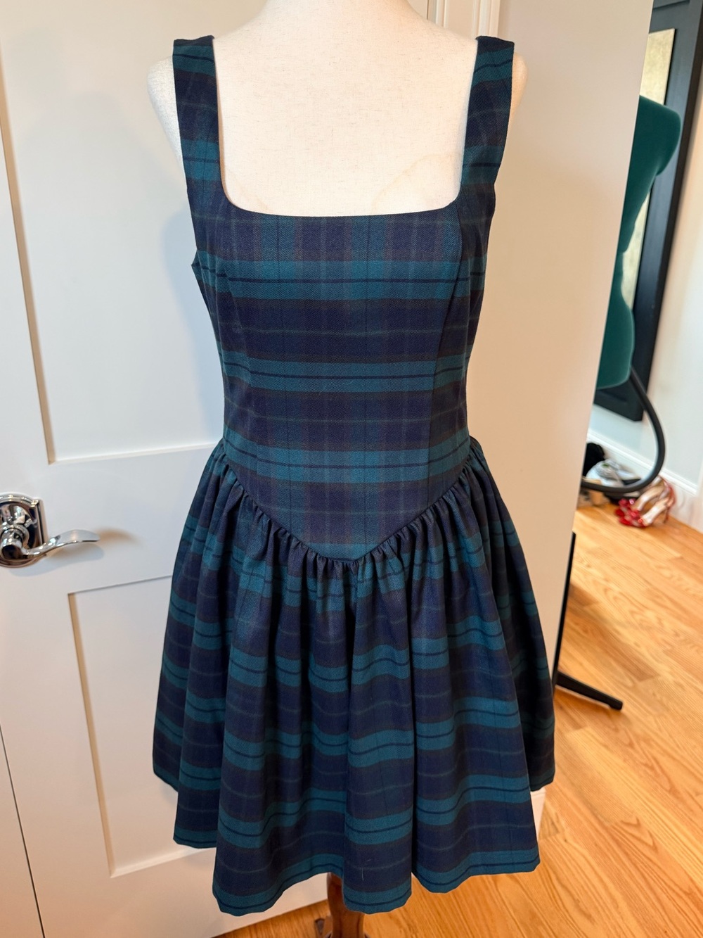 Avec Les Filles Navy and Teal Plaid Square-Neck Fit & Flare Dress
